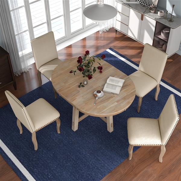 5-Piece Farmhouse Dining Table Set Wood Round Extendable Dining Table and 4 Upholstered Dining Chairs (Natural Wood Wash)