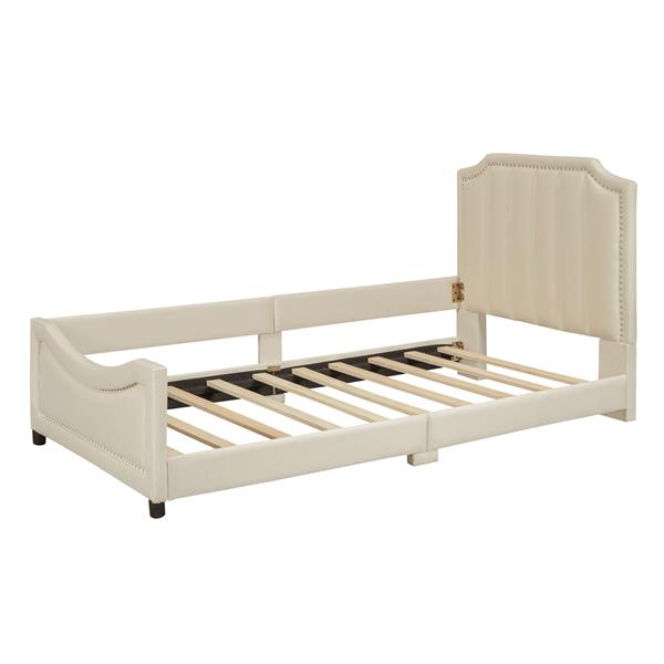 Twin Size Upholstered Daybed with Classic Stripe Shaped  Headboard, Beige