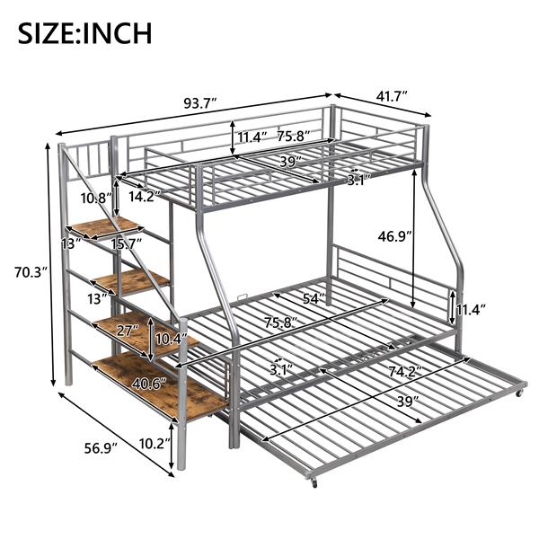 Twin over Full Size Metal Bunk Bed with Trundle and Storage Staircase, Silver