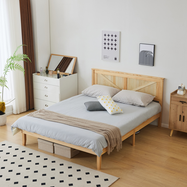 Full Size Solid Wood Platform Bed Frame with Headboard Natural