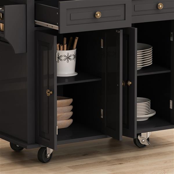 Kitchen Island Cart with Two Storage Cabinets and Two Locking Wheels,43.31 Inch Width,4 Door Cabinet and Two Drawers,Spice Rack, Towel Rack(Black)