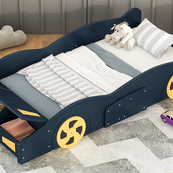 Twin Size Race Car-Shaped Platform Bed with Wheels and Storage, Dark Blue+Yellow