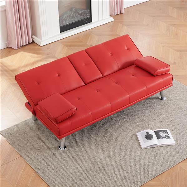 67" Red Leather Multifunctional Double Folding Sofa Bed for Office with Coffee Table