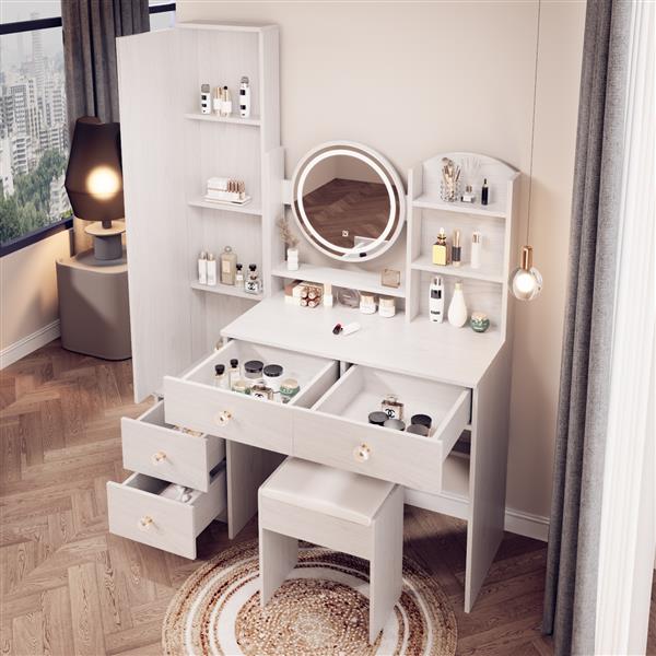 Full Body Mirror Cabinet + Round Mirror LED Vanity Table + Cushioned Stool, 17" diameter LED Mirror, Touch Control, 3-color, Brightness adjustable, Large desktop, Multi-layer High Capacity Storage