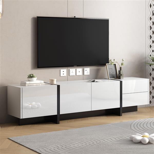 [VIDEO provided] White & Black Contemporary Rectangle Design TV Stand, Unique Style TV Console Table for TVs Up to 80'', Modern TV Cabinet with High Gloss UV Surface for Living Room.