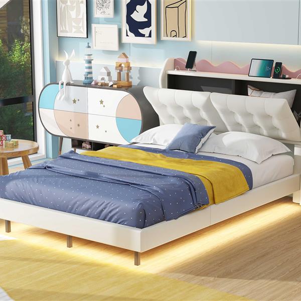 Full Size Upholstery Platform Bed Frame with LED Light Strips,Headboard Storage Space and Two USB Charging Deisgn,Beige