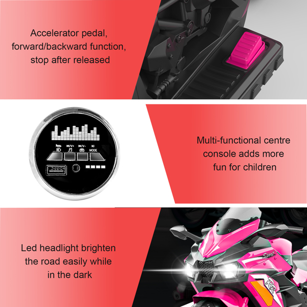 12V Electric Motorcycle for Kids, Powered Toy Motorcycle, Child Motorcycle Ride On with Light Wheels and Bluetooth Music Pink (No shipping on weekends)