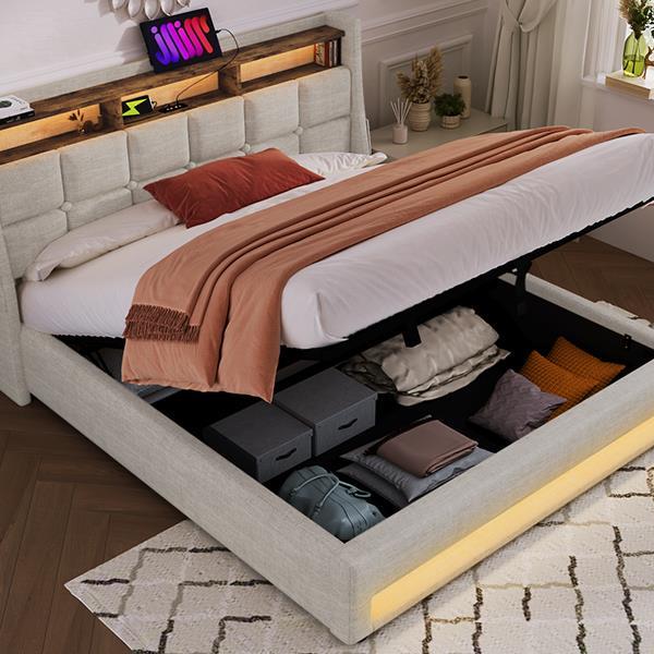 Full size Upholstered Platform bed with a Hydraulic Storage System, LED and USB Charging, Natural (without mattress)