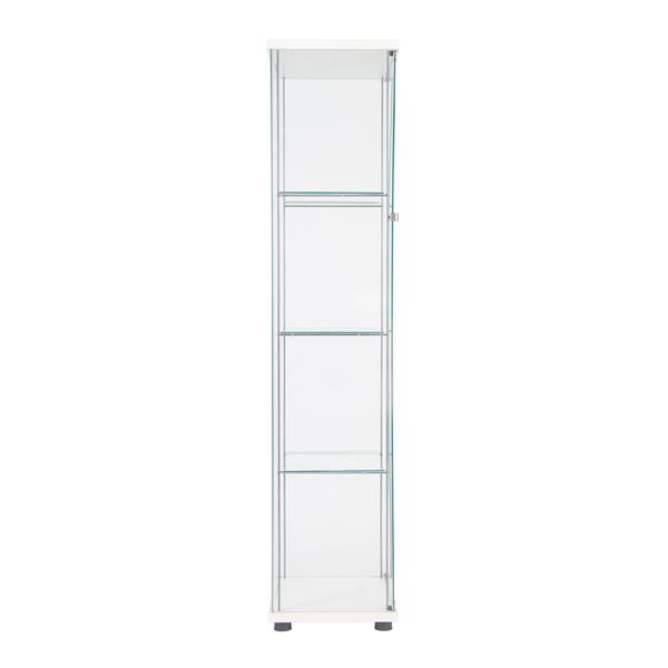 One Door Glass Cabinet Glass Display Cabinet with 4 Shelves, White