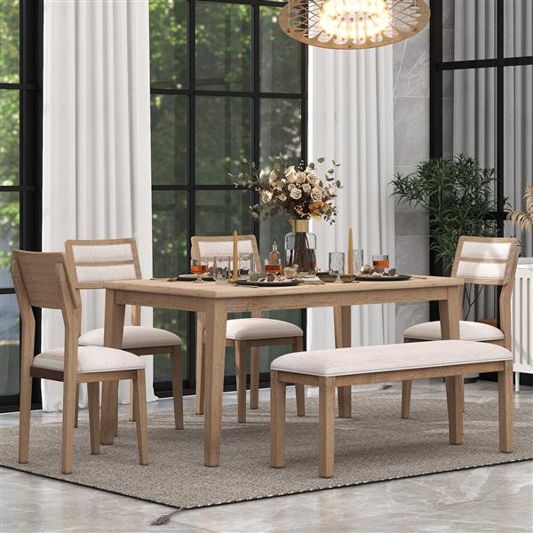 Classic and Traditional Style 6 - Piece Dining Set, Includes Dining Table, 4 Upholstered Chairs & Bench (Natural Wood Wash)