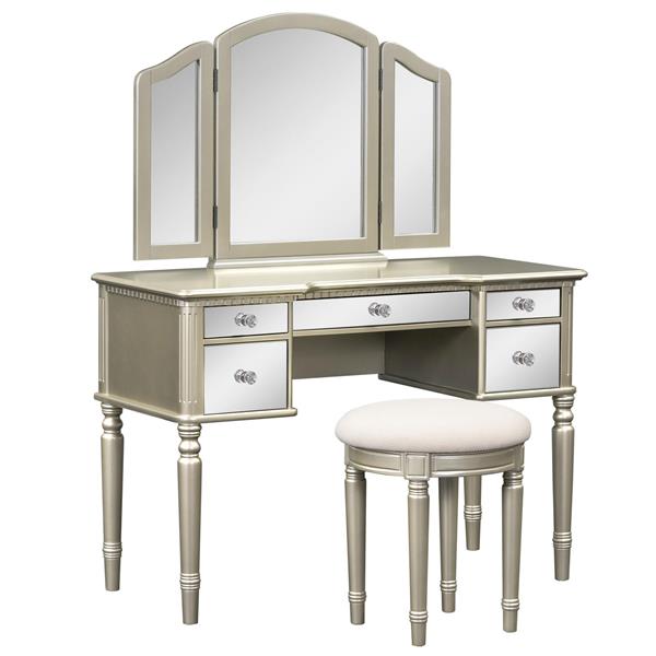 43" Dressing Table Set with Mirrored Drawers and Stool, Tri-fold Mirror, Makeup Vanity Set for Bedroom, Gold