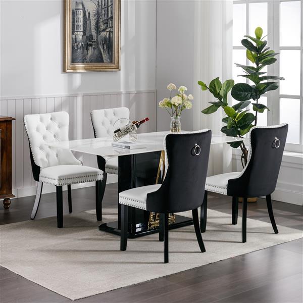 Furniture,Modern, High-end Tufted Solid Wood Contemporary PU and Velvet Upholstered Dining Chair with Wood Legs Nailhead Trim  2-Pcs Set，White+Black, SW2101WB