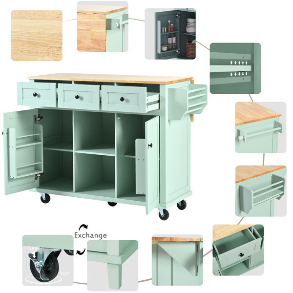 Kitchen Cart with Rubber wood Drop-Leaf Countertop ,Cabinet door internal storage racks,Kitchen Island on 5 Wheels with Storage Cabinet and 3 Drawers for Dinning Room, Mint Green 