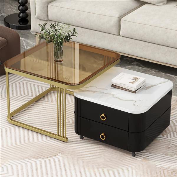 2-in-1 Square Nesting Coffee Table with Wheels & Drawers, Stackable Side Table with High Gloss Marble Grain Top, End Table Set with Brown Tempered Glass for Living Room, Black