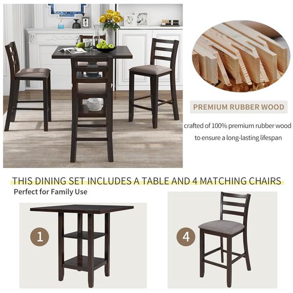 5-Piece Wooden Counter Height Dining Set with Padded Chairs and Storage Shelving (Espresso)