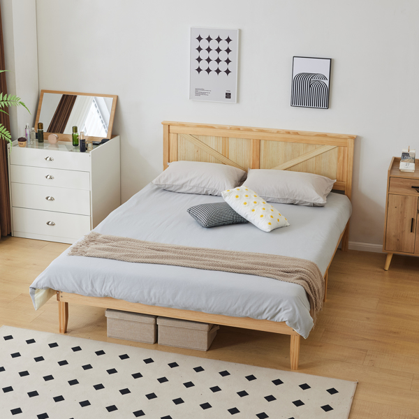 Full Size Solid Wood Platform Bed Frame with Headboard Natural