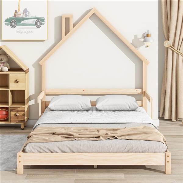 Full House-Shaped Headboard Bed with Handrails ,slats
,Natural