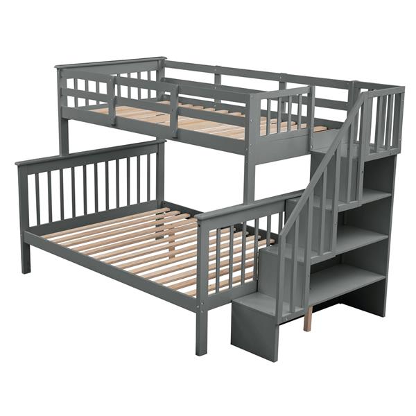 Stairway Twin-Over-Full Bunk Bed with Storage and Guard Rail for Bedroom, Gray color