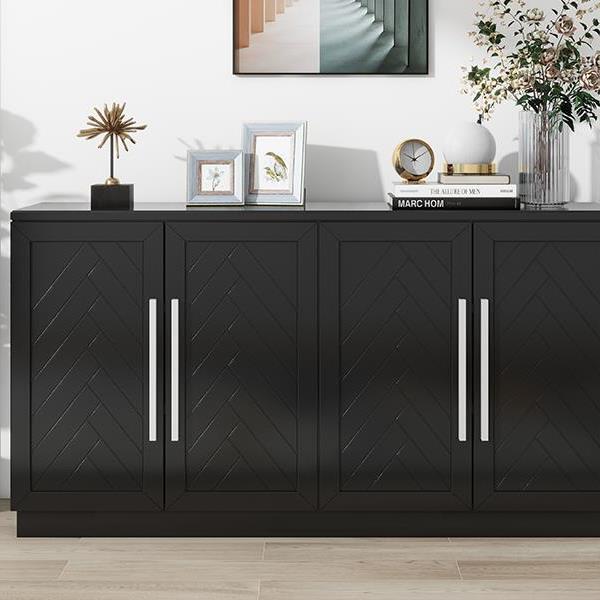 Sideboard with 4 Doors Large Storage Space Buffet Cabinet with Adjustable Shelves and Silver Handles for Kitchen, Dining Room, Living Room (Black)