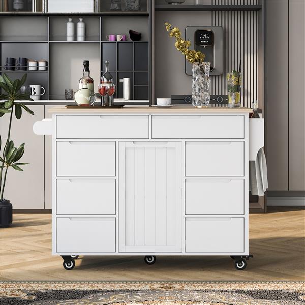 Kitchen Cart with Rubber Wood Countertop , Kitchen Island has 8 Handle-Free Drawers Including a Flatware Organizer and 5 Wheels for Kitchen Dinning Room, White