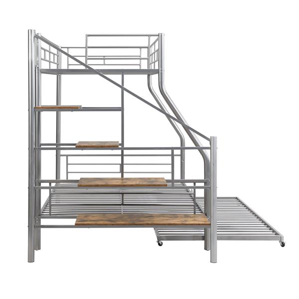 Twin over Full Size Metal Bunk Bed with Trundle and Storage Staircase, Silver