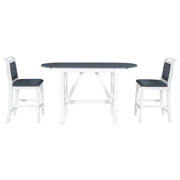 3-Piece Wood Counter Height Drop Leaf  Dining Table Set with 2 Upholstered Dining Chairs for Small Place, White+Gray