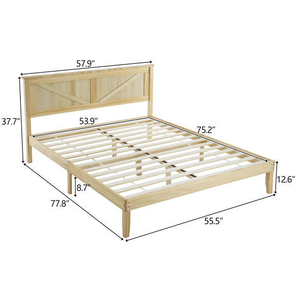 Full Size Solid Wood Platform Bed Frame with Headboard Natural