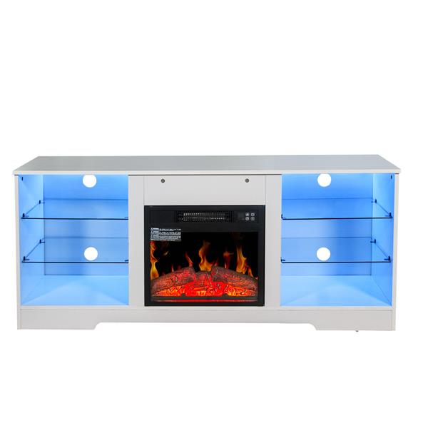 Fireplace TV Stand With 18 Inch Electric Fireplace Heater,Modern Entertainment Center for TVs up to 62 Inch With Adjustable Glass Shelves and Storage Cabinets  ( White )