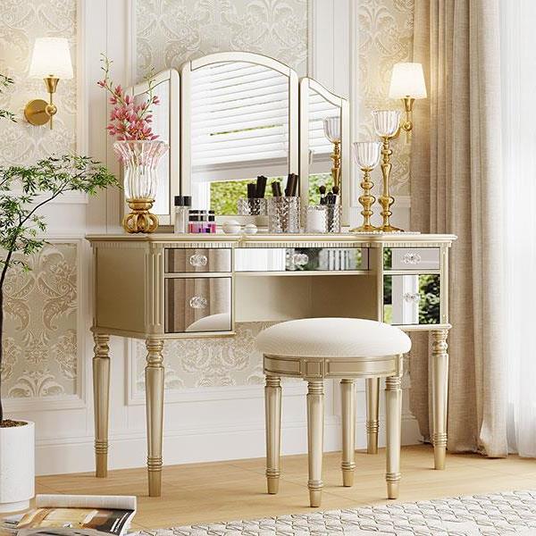 43" Dressing Table Set with Mirrored Drawers and Stool, Tri-fold Mirror, Makeup Vanity Set for Bedroom, Gold