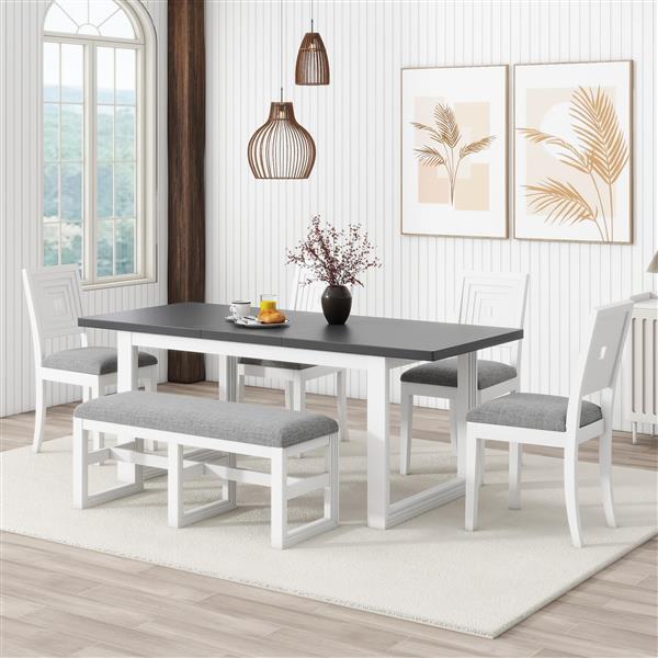 Modern 78inch 6-Piece Extendable Dining Table Set, 4 Upholstered Dining Chairs and Dining Bench, 18" Butterfly Leaf, White