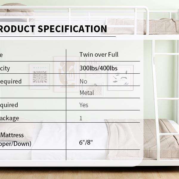 Metal Bunk Bed Twin Over Full Size with Removable Stairs, Heavy Duty Sturdy Frame with 12" Under-Bed Storage for Teen & Adults, Teens, No Box Spring Needed, White