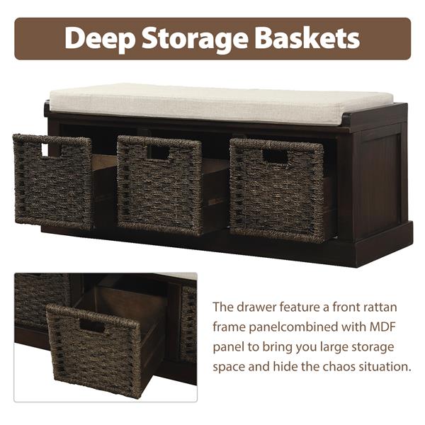 Rustic Storage Bench with 3 Removable Classic Rattan Basket , Entryway Bench with Removable Cushion (Espresso)