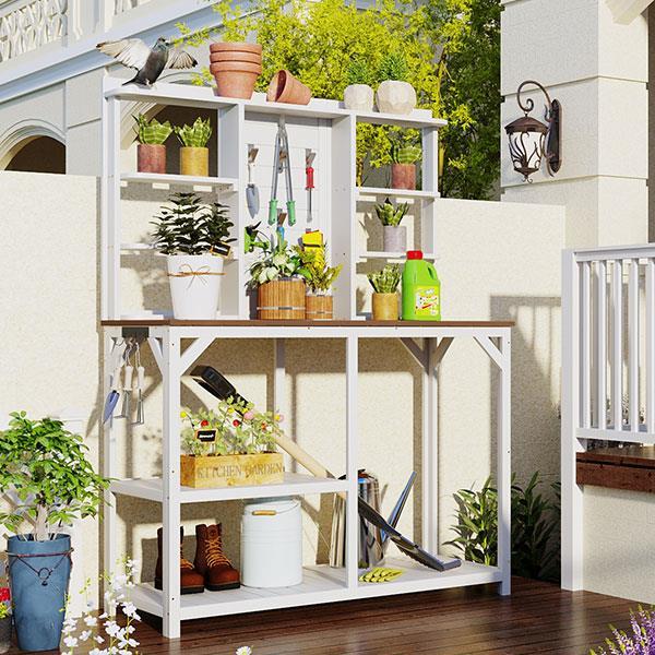 64.6" Large Outdoor Potting Bench, Garden Potting Table, Wood Workstation with 6-Tier Shelves, Large Tabletop and Side Hook for Mudroom, Backyard,White