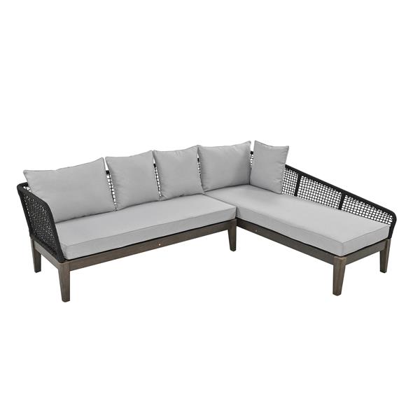 Modern 5-Person Outdoor Seating Group with Cushions Rope Waved Patio Sofa Set for Garden, Lawn, Poolside, L-Shaped, Black+Gray