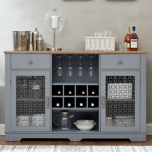 Modern Farmhouse Buffet Cabinet, Sideboard with 2 Drawers and Elegant Glass Door Cabinets, Wine and Glass Rack, Coffee Bar for Kitchen, Dining Room, Light Blue and Light Oak, 56.46"W*15.55"D*35.74"H