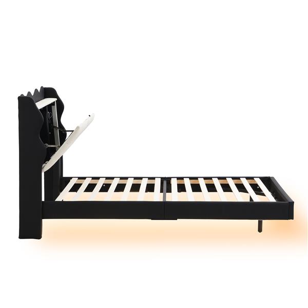 Twin Size Upholstery Platform Bed Frame with LED Light Strips,Headboard Storage Space and Two USB Charging Deisgn,Black