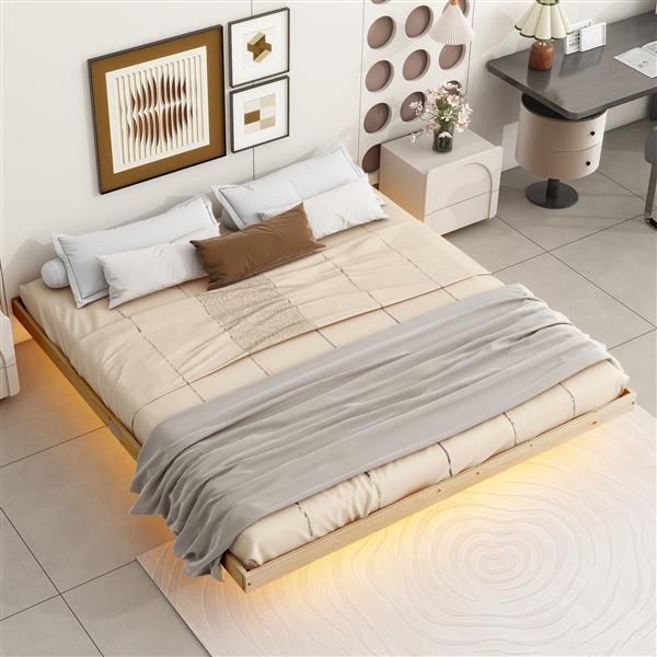 King Size Floating Bed with LED Lights Underneath,Modern King Size Low Profile Platform Bed with LED Lights,Natrual