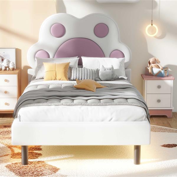 Twin Size Upholstered Platform Bed with Animal Paw Shaped Headboard and LED, Pink