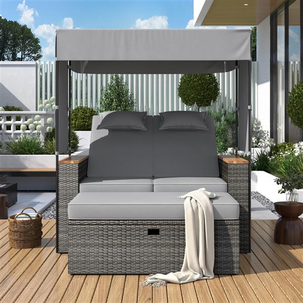 2-Piece Rattan Outdoor Patio Bench Lounge Roof Set, Effective UV Protection Fabric & Waterproof Cushions and Adjustable Backrest for Garden, Backyard and Porch (Grey Wicker + Grey Fabric)