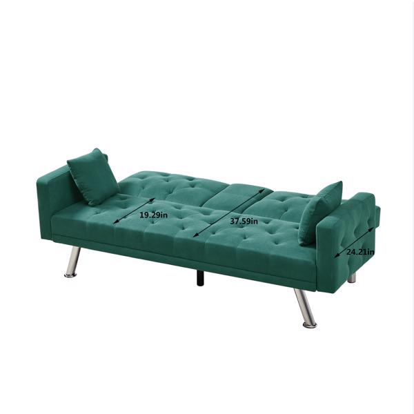 Dark Green Linen Convertible Sofa and Bed, Square Arm Armrests, Can Hold Water Cup, Two Pillow