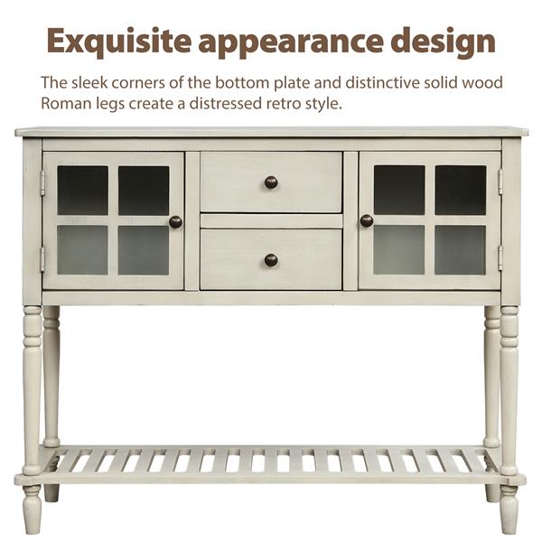 Sideboard Console Table with Bottom Shelf, Farmhouse Wood/Glass Buffet Storage Cabinet Living Room (Antique Grey)