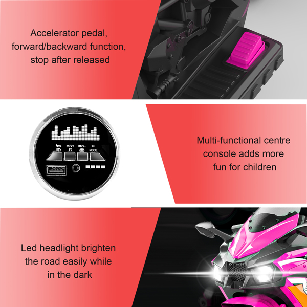 Electric Motorcycle for Kids, 12V Battery Powered Ride on Toys 3 Wheels Motorcycle with LED Lights, Bluetooth Music, Pink (No shipping on weekends) (Temu, Walmart Amazon prohibited)