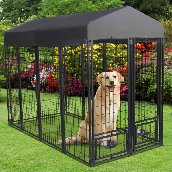 Outdoor Dog Kennel 8' x 6' x 4' with Waterproof Canopy Roof Heavy Duty Metal Dog Cage with Rotating Feeding Door