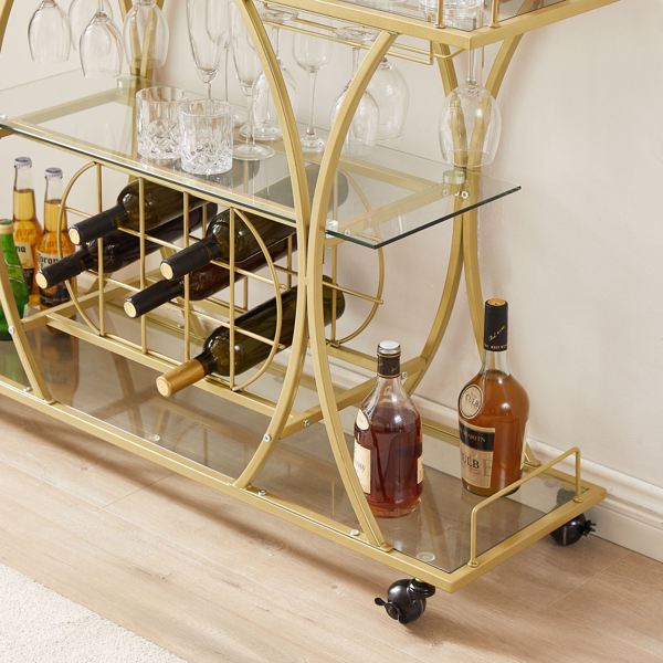 Electroplated Glass Bar Cart, With Wine Rack And Glass Holder, For Kitchen, Serving, Hotel  Gold