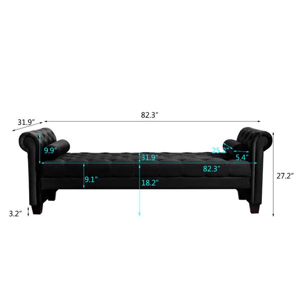 Black,  Solid Wood Legs Velvet Rectangular Sofa Bench with Attached Cylindrical Pillows 