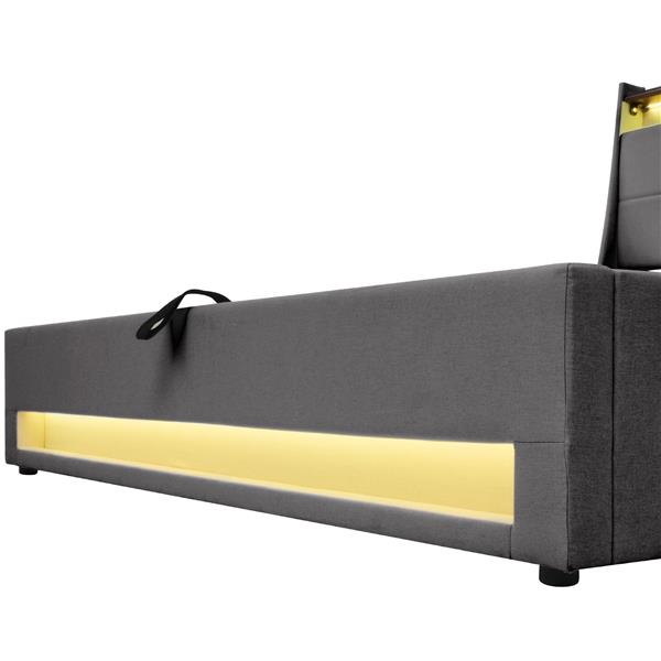 Queen size Upholstered Platform bed with a Hydraulic Storage System, LED and USB Charging, Grey (without mattress)