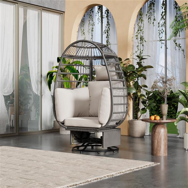 Outdoor Swivel Chair with Cushions, Rattan Egg Patio Chair with Rocking Function for Balcony, Poolside and Garden (Grey Wicker + Beige Cushion)