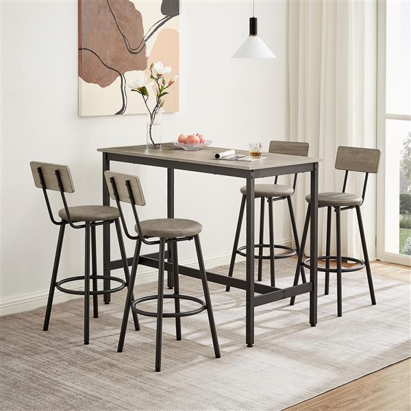 Pub High Dining Table 5 Piece Set, Industrial Style Pub Table, 4 PU Leather Bar Chairs for Kitchen Breakfast Table, Living Room, Bar, Rustic Grey, 47.2″L x 23.6"W x 35.4"H