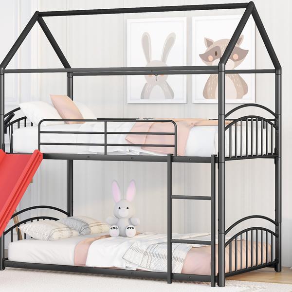 Twin Over Twin Metal Bunk Bed With Slide,Kids House Bed Black+Red