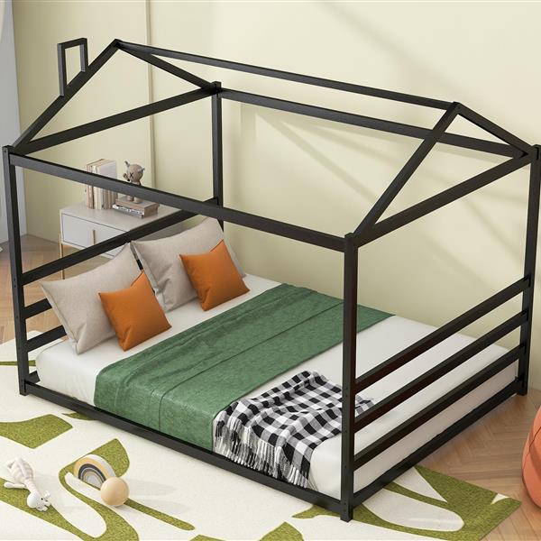 Metal House Shape Platform Bed, Black, Queen